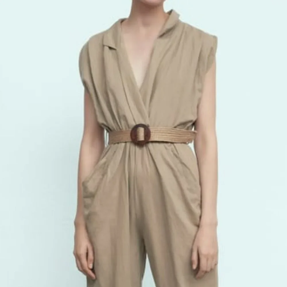 Zara Linen Blend Belted Jumpsuit Sand Sz XL, L